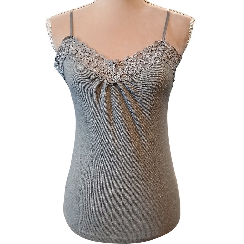 Vtg Worthington Stretch Womens Medium Gray Ribbed Lace Trim Camisole Medium y2k